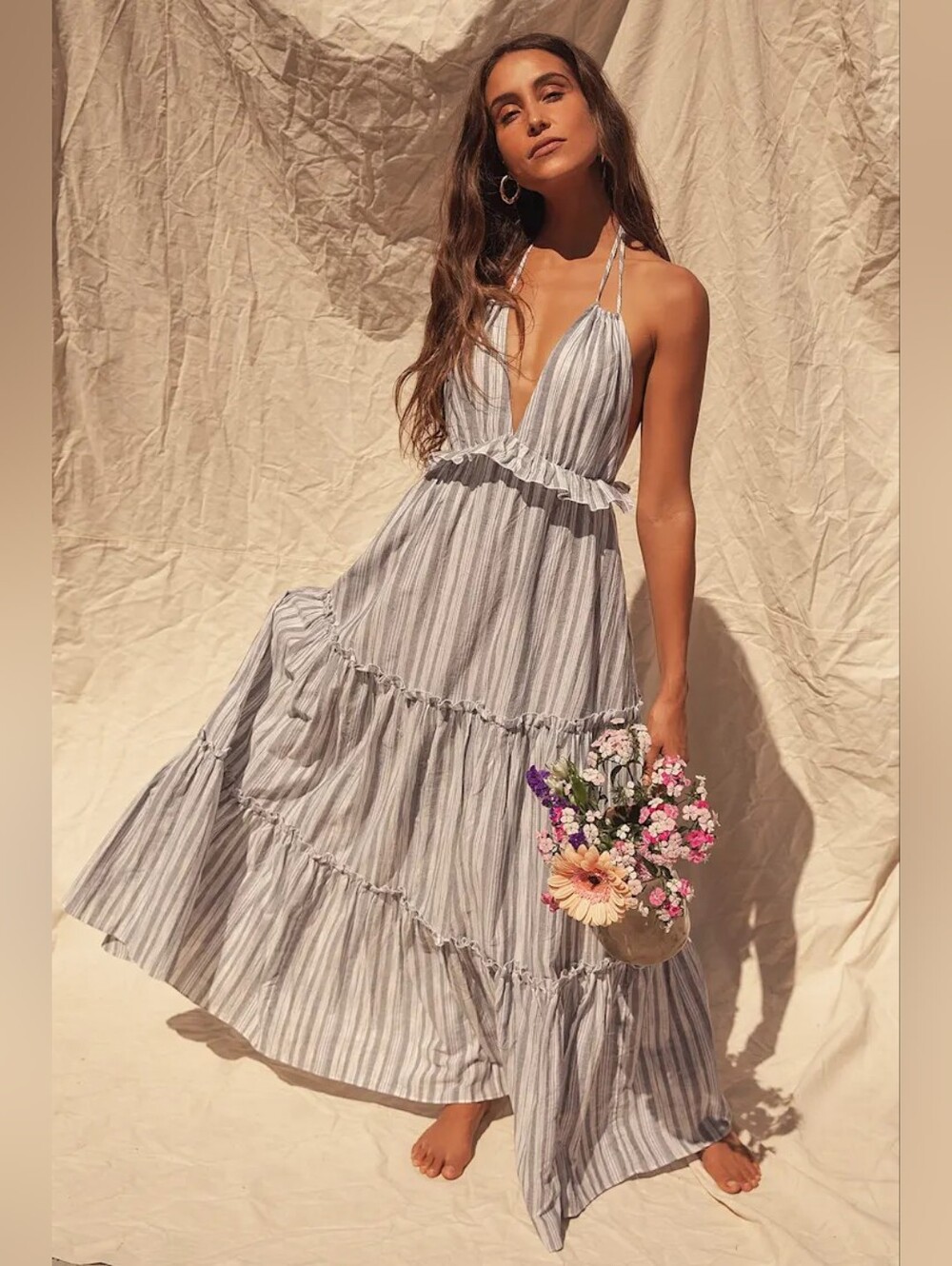 Lulu's Blue & White Striped Halter Tiered Maxi Dress. NWOT Size XXS